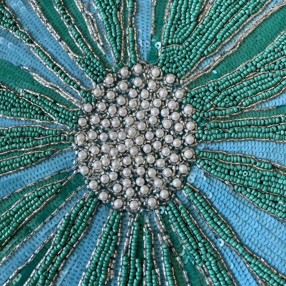 TAHARI HOME Glass Hand Beaded Charger Placemat 15in Blue Green Silver Floral NEW